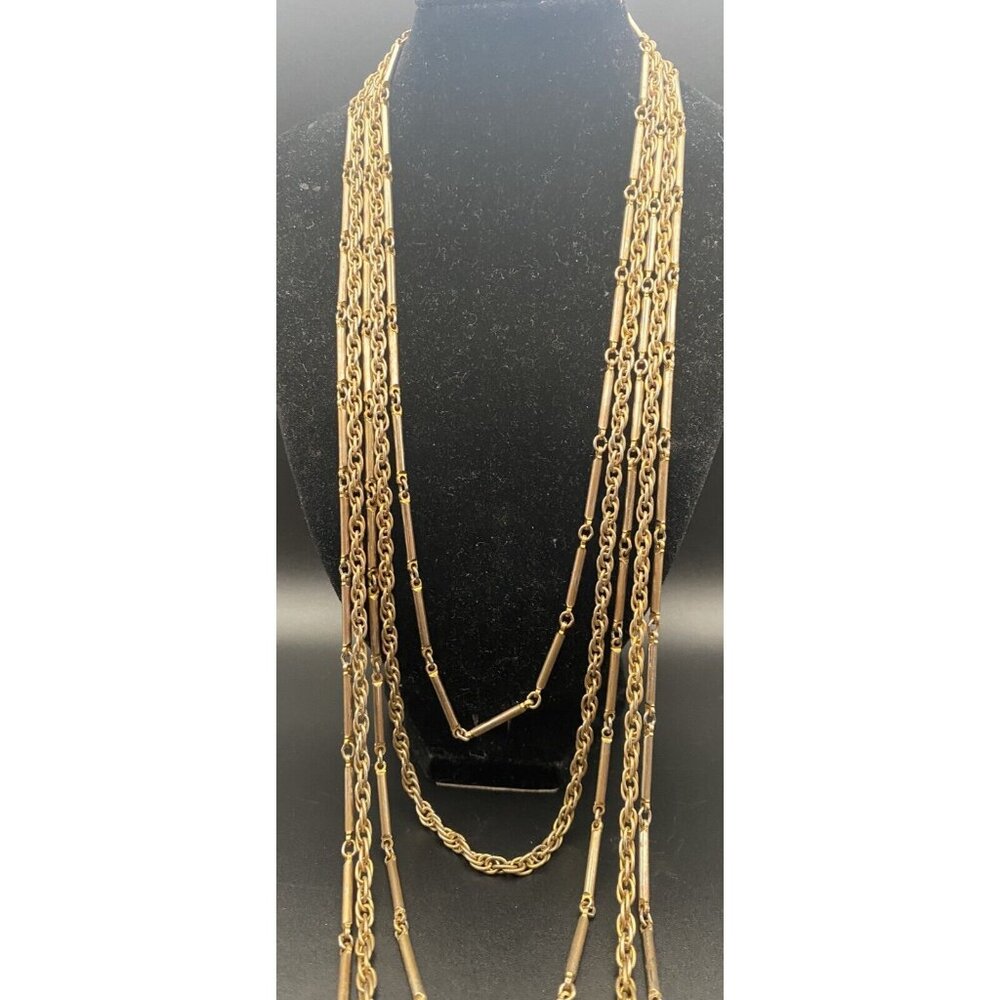 Vtg 50's-60's Chain Necklace Layered Bar Link Rope Yellow Gold Tone 5 Strand 31" - Picture 2 of 6